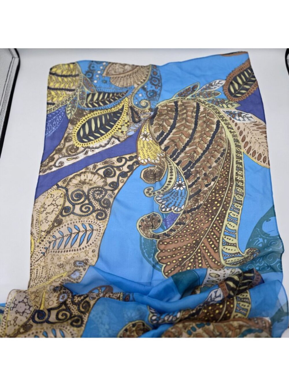 Anne Klein Womens 100% Silk Scarf With Paisley & Floral Print In Blue Brown Gold - Picture 9 of 9